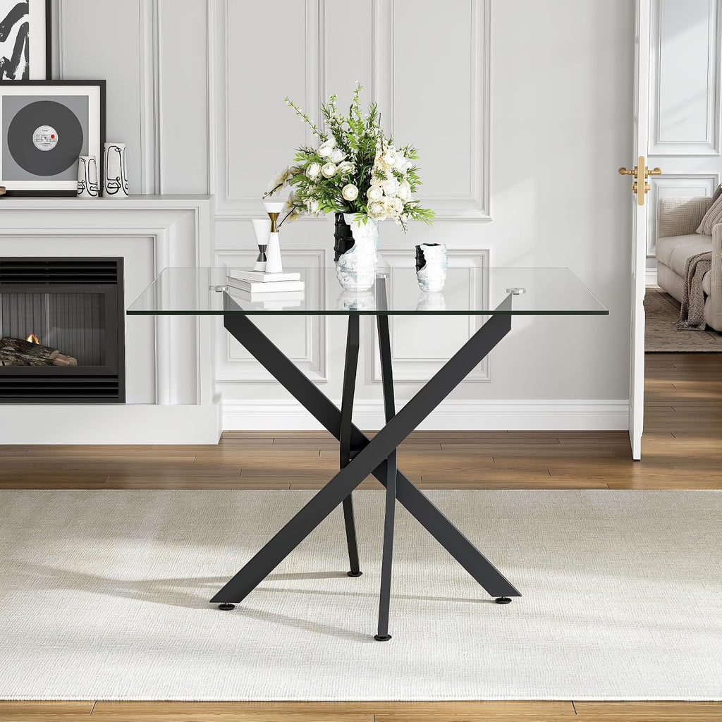 AF ARTISAN FURNITURE 36” Square Glass Dining Table for 4, Clear Tempered Glass Kitchen Table with Black Metal X Legs, Small Square Dining Table for Apartment, Dining Room & Bistro