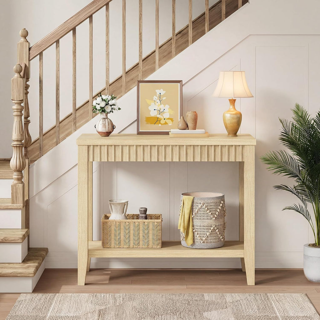 FAVOOSTY 32" Entryway Console Table with Shelves, Sofa Hallway Table with Open Storage for Living Room, Load-Bearing 120lbs, Oak