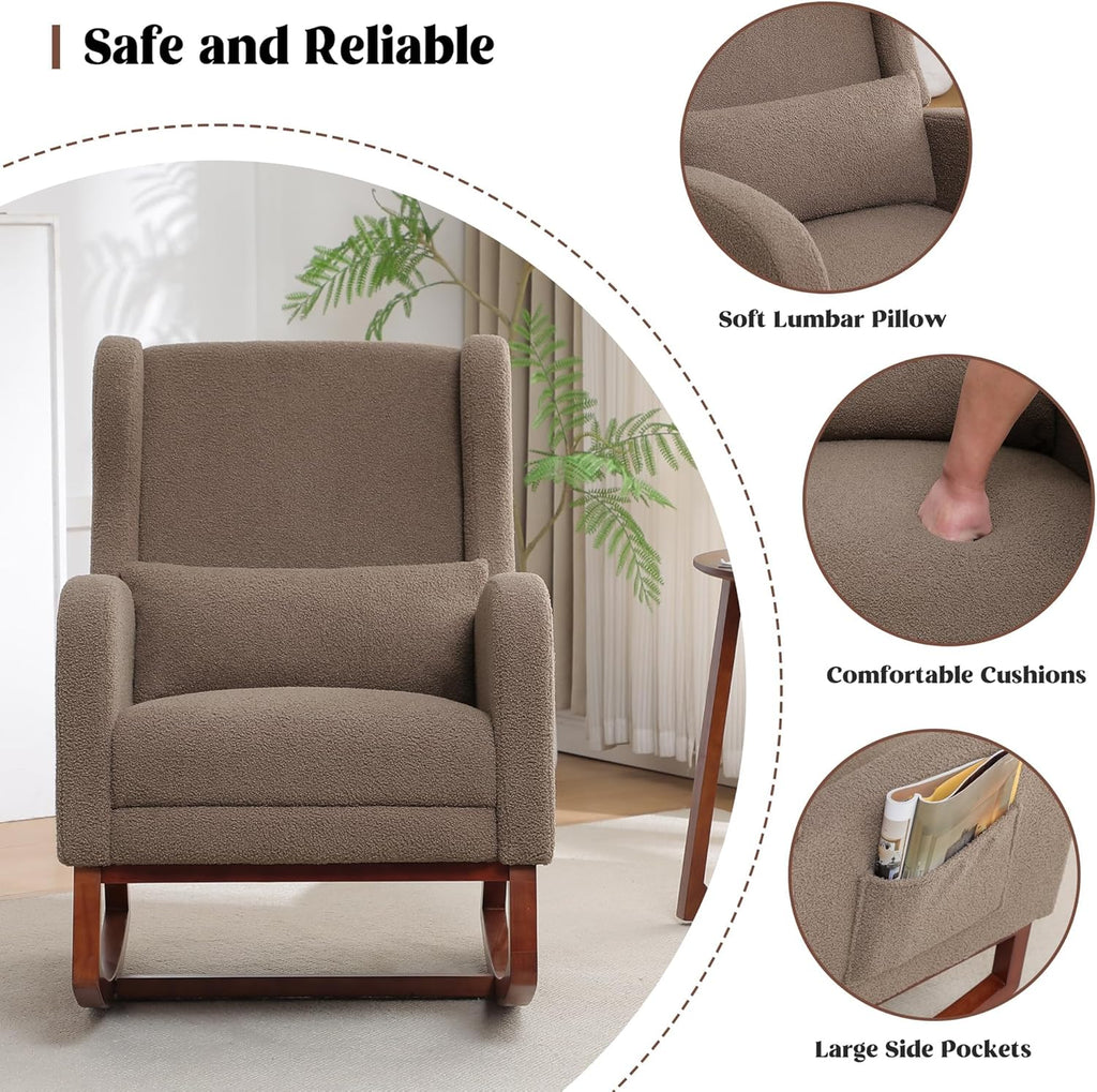 HCHAIRH Rocking Chair with Foot Rest, Teddy Wingback Nursery Rocking Chairs, Nursing Glider Rocker Chair with Pillow and High Back for Nursery, Living Room, Bedroom