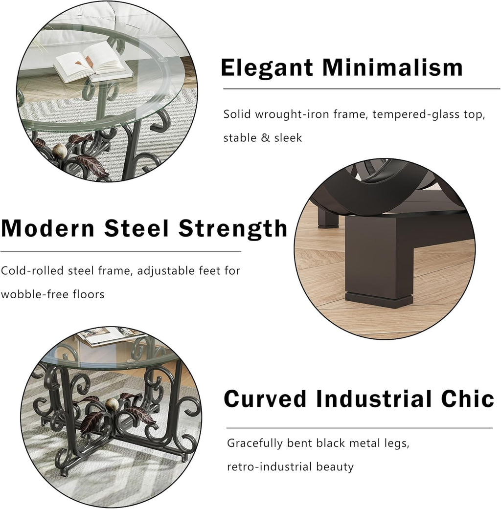 EQEY Glass Coffee Table Set of 3 — 31.5" Round Nesting Coffee Table with 2 End Tables, Tempered Glass Top & Wrought Iron Scroll Frame for Living Room, Apartment, Patio, Sunroom