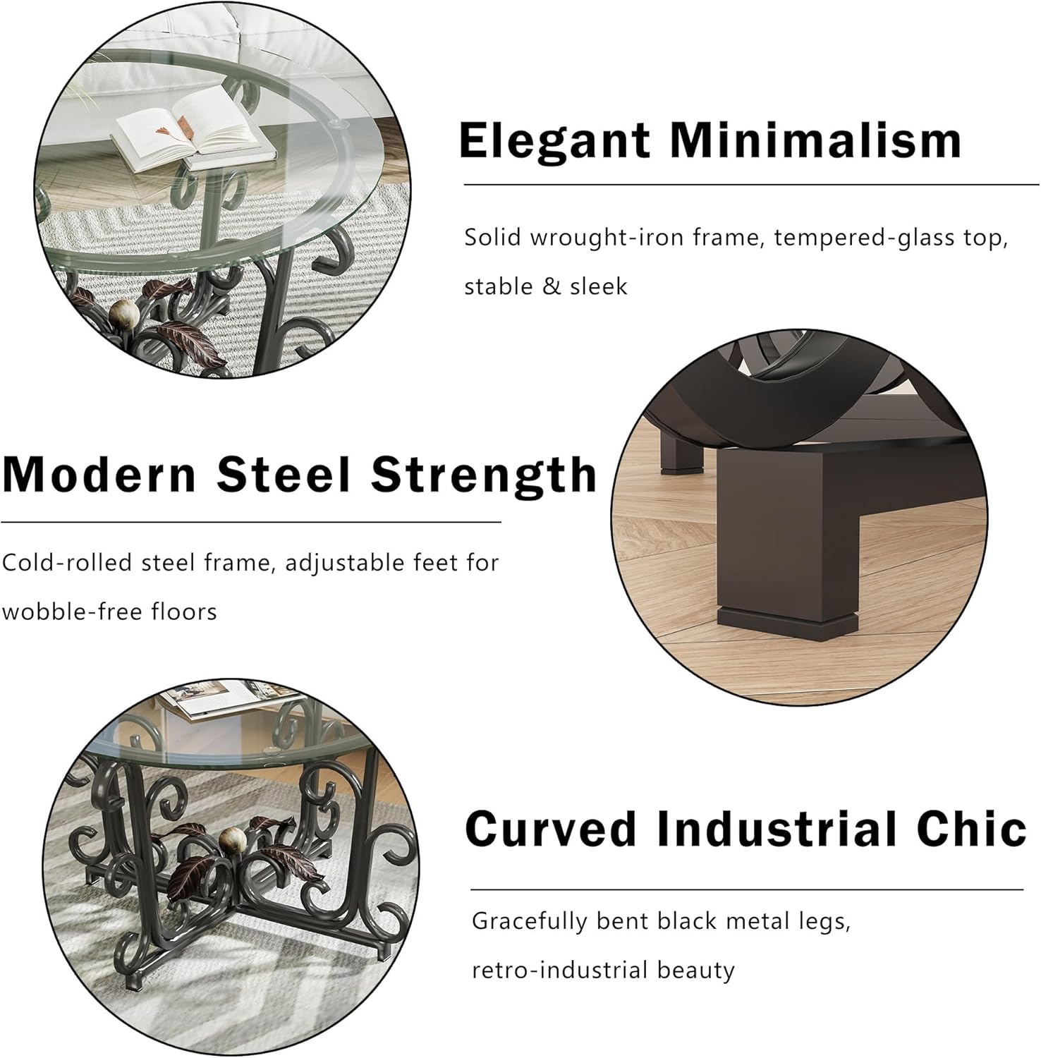 EQEY Glass Coffee Table Set of 3 — 31.5" Round Nesting Coffee Table with 2 End Tables, Tempered Glass Top & Wrought Iron Scroll Frame for Living Room, Apartment, Patio, Sunroom