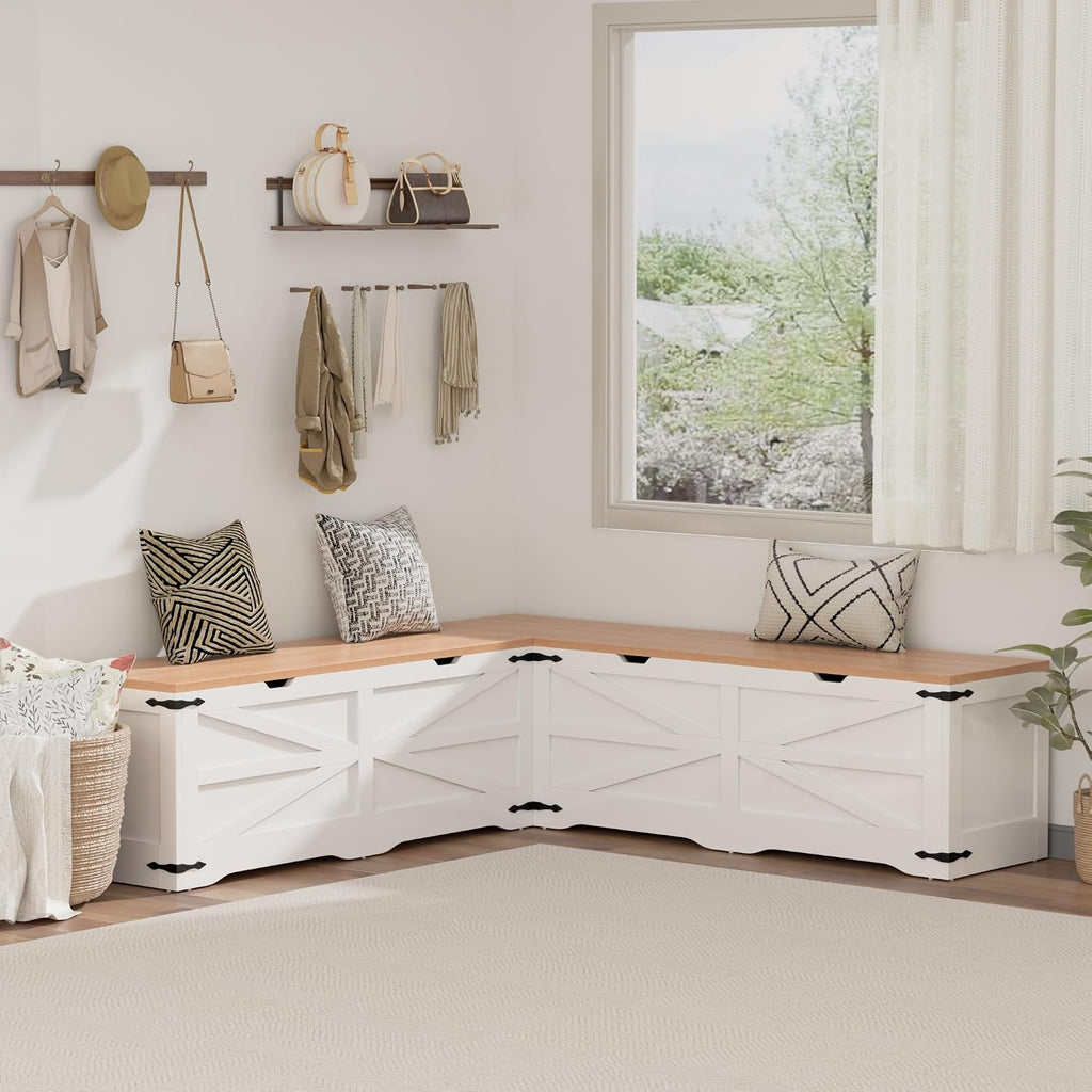 Godchoices Kitchen Breakfast Nook Bench, L Shape Corner Storage Bench, Farmhouse Corner Dining Bench with Hidden Storage for Dining Room, Living Room, Entryway