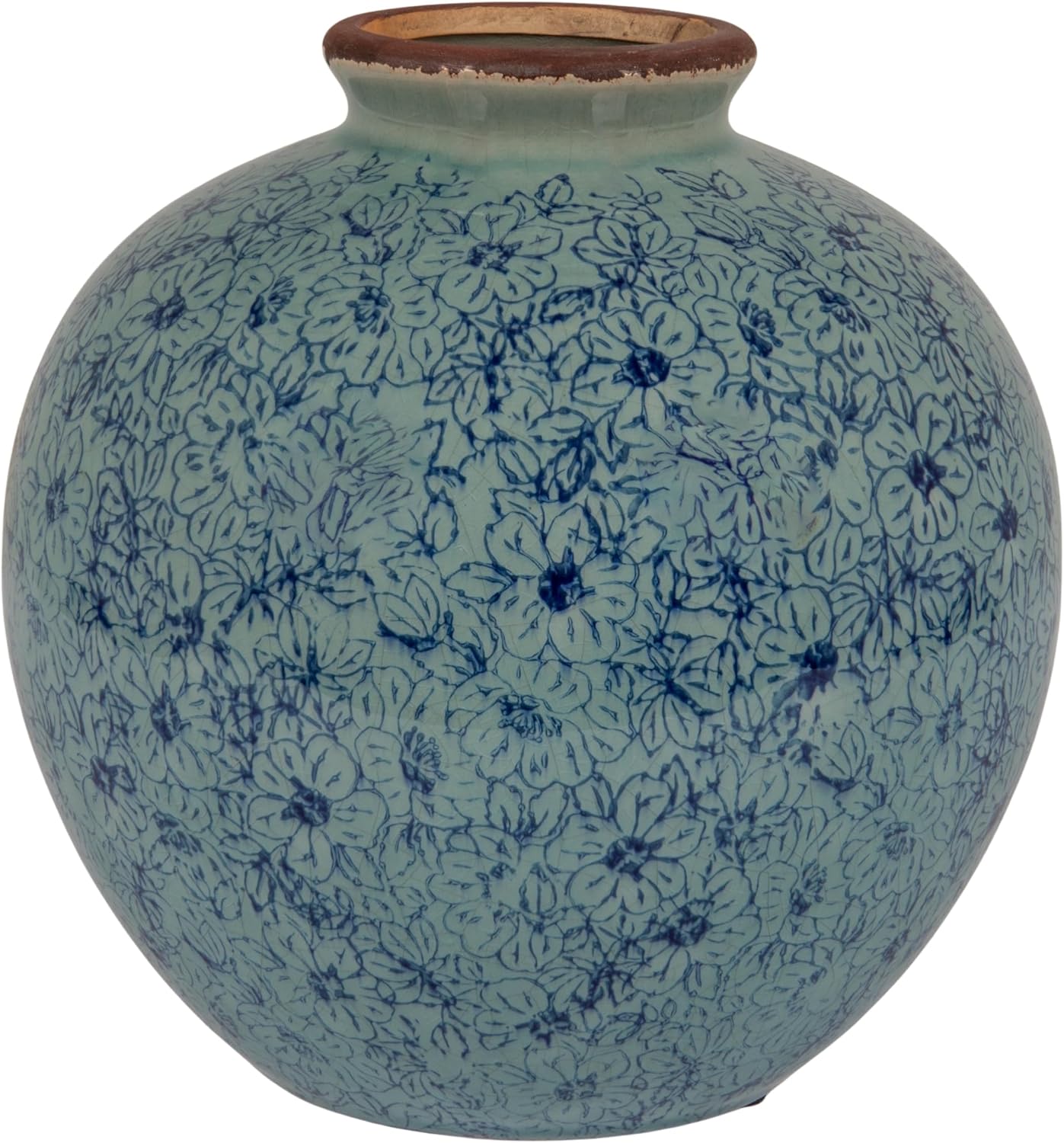 Creative Co-Op Round Decorative Terra-Cotta Vase with Transferware Pattern, Blue