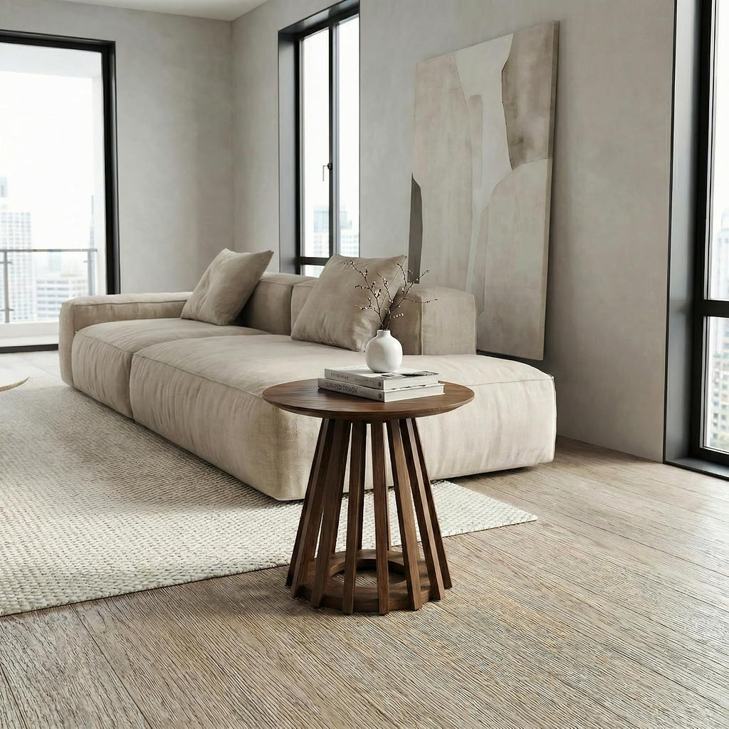 DUOMAY Modern Solid Wood Round Side Table with Geometric Base, Wood Accent End Table Center Table for Living Room, Bedroom, Lounge, Office, Walnut