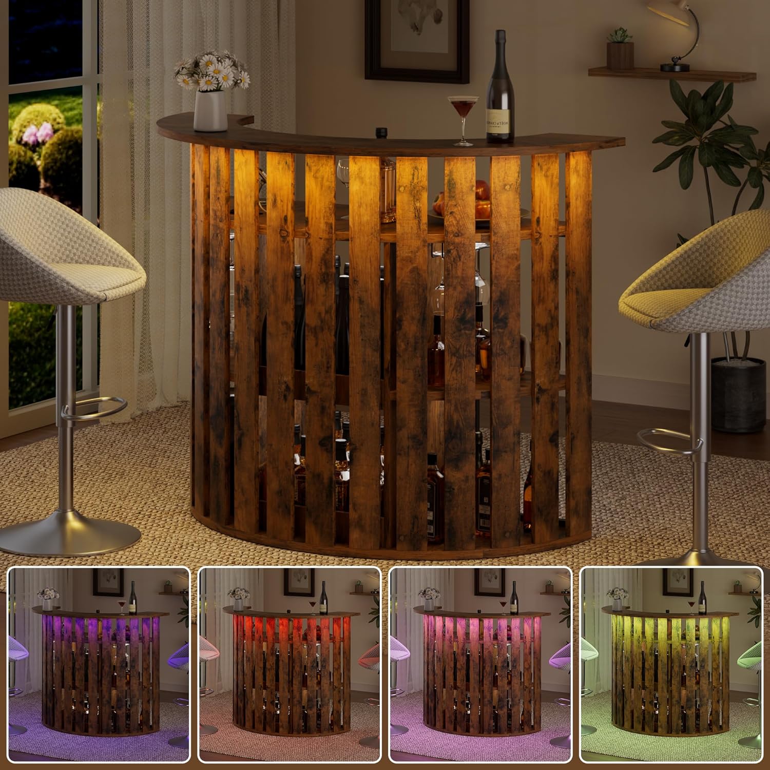 Drinks Bar Table with Fridge Space,4-Tier Home Bar Cabinet with Storage & Glass Holder,Power Outlet, Arc-Shaped Modern Liquor Cabinet for Home, Wooden Bar Station for Living Room, Kitchen, Basement