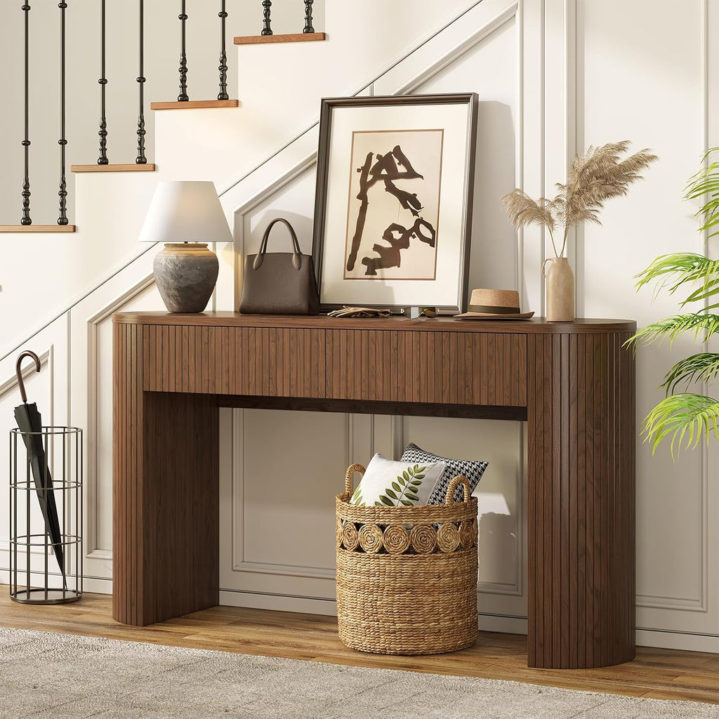 55 Inches Entryway Table with Storage, Mid-Century Console Tables with 2 Drawers, Modern Fluted Sofa Table Behind The Couch, Foyer Tables for Entryway, Couch,Livingroom Walnut