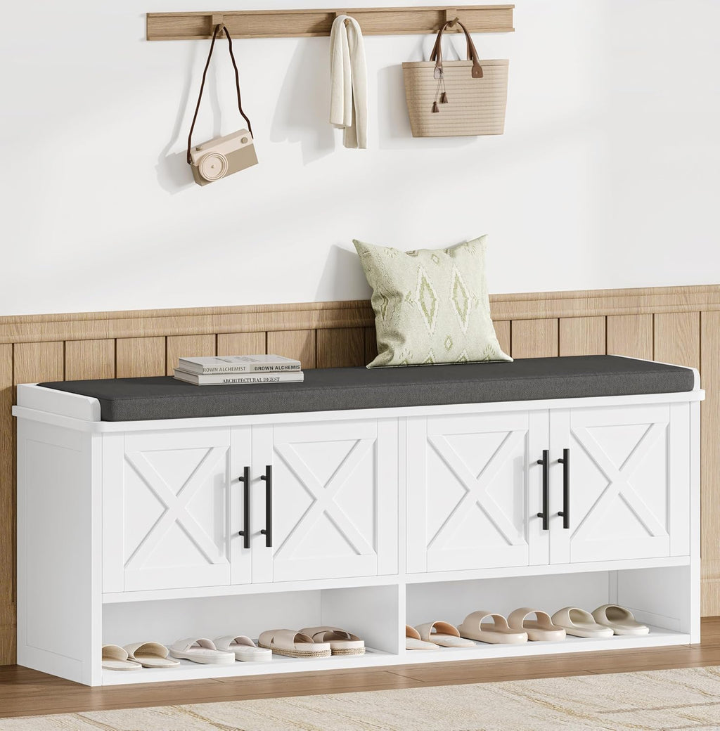 Farmhouse Shoe Storage Bench with Cushion, 47.2" Wide Entryway Bench with Adjustable Shelves and Open Bottom Shelf, Hidden Shoe Cabinet Storage for Entryway, Hallway, Bedroom White