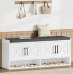 Farmhouse Shoe Storage Bench with Cushion, 47.2" Wide Entryway Bench with Adjustable Shelves and Open Bottom Shelf, Hidden Shoe Cabinet Storage for Entryway, Hallway, Bedroom White