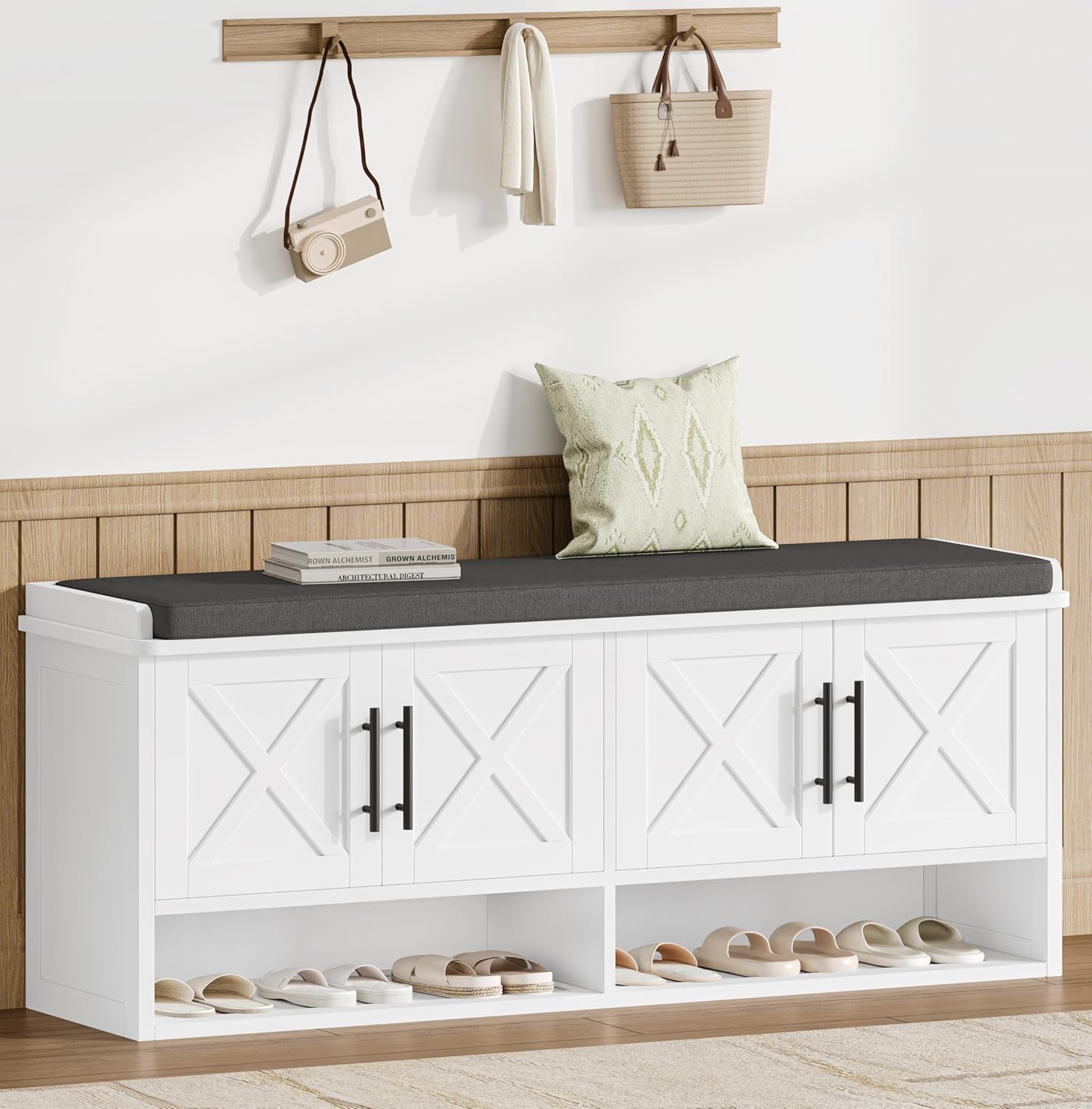 Farmhouse Shoe Storage Bench with Cushion, 47.2" Wide Entryway Bench with Adjustable Shelves and Open Bottom Shelf, Hidden Shoe Cabinet Storage for Entryway, Hallway, Bedroom White