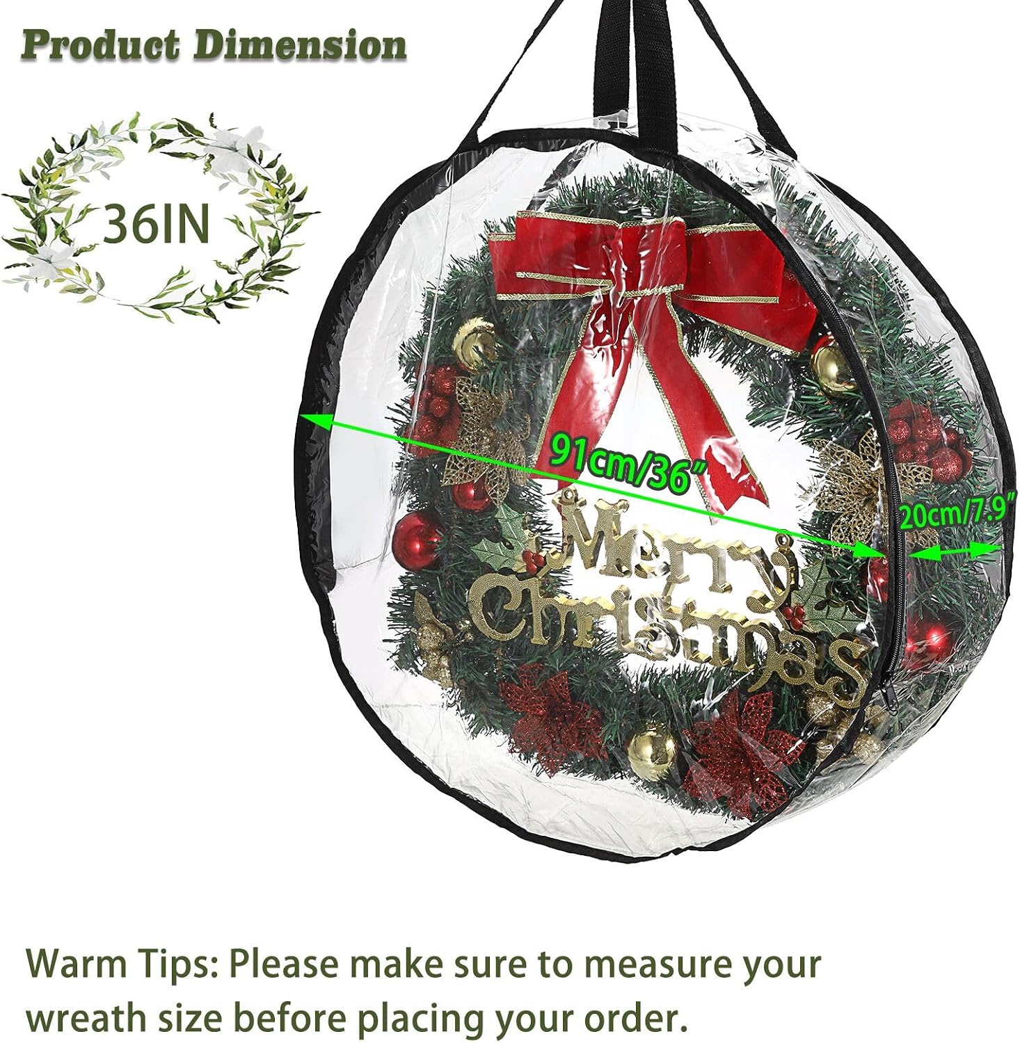 Kokone Wreath Storage Organizer for Door 3 Pack Clear Christamas Wreath Storage Bag or Container with Handle 36'' Dual Zippered Wreath Bag for Festival PVC Plastic Wreath Protector for Decoration