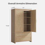 SICOTAS 71 inch Rattan Wardrobe Closet : Armoire Wardrobe with Drawers | Farmhouse Boho Storage Cabinet with Hanging Rod, Large-Capacity Deep Armoire Clothes Organizer for Bedroom, Cloak Room