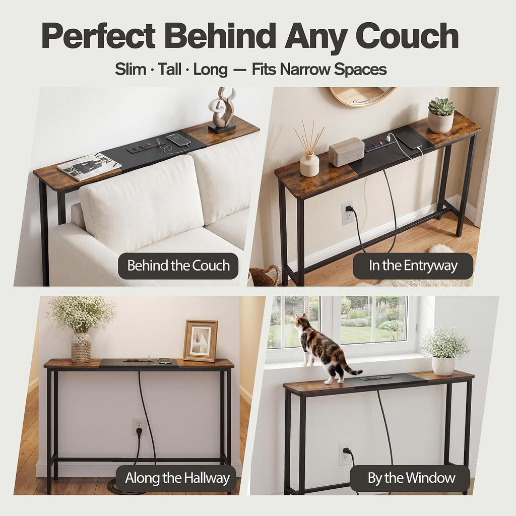 8.6" Narrow Console Table Behind Couch, 39.7” L x 32.3” H, Slim Sofa Table with Fast Charging Station for Small Spaces, Skinny Entryway & Hallway Table, Easy Assembly