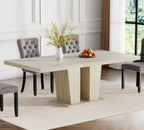 78.74" Rectangular Extendable Dining Room Table for 6 8 10, Modern Faux Travertine Farmhouse Wooden Kitchen Conference Expanding Table with Dual Columns Base, Long Large Expandable, White Oak