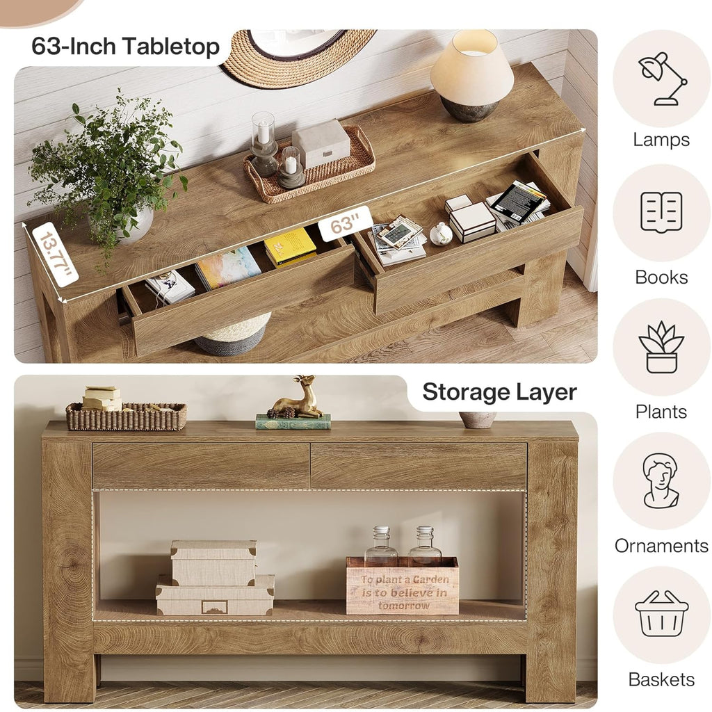 Tribesigns 63 Inch Entryway Table with 2 Drawers, Farmhouse Console Table with Storage Shelf, Long Sofa Table Behind Couch for Living Room, Hallway, Foyer, Brown