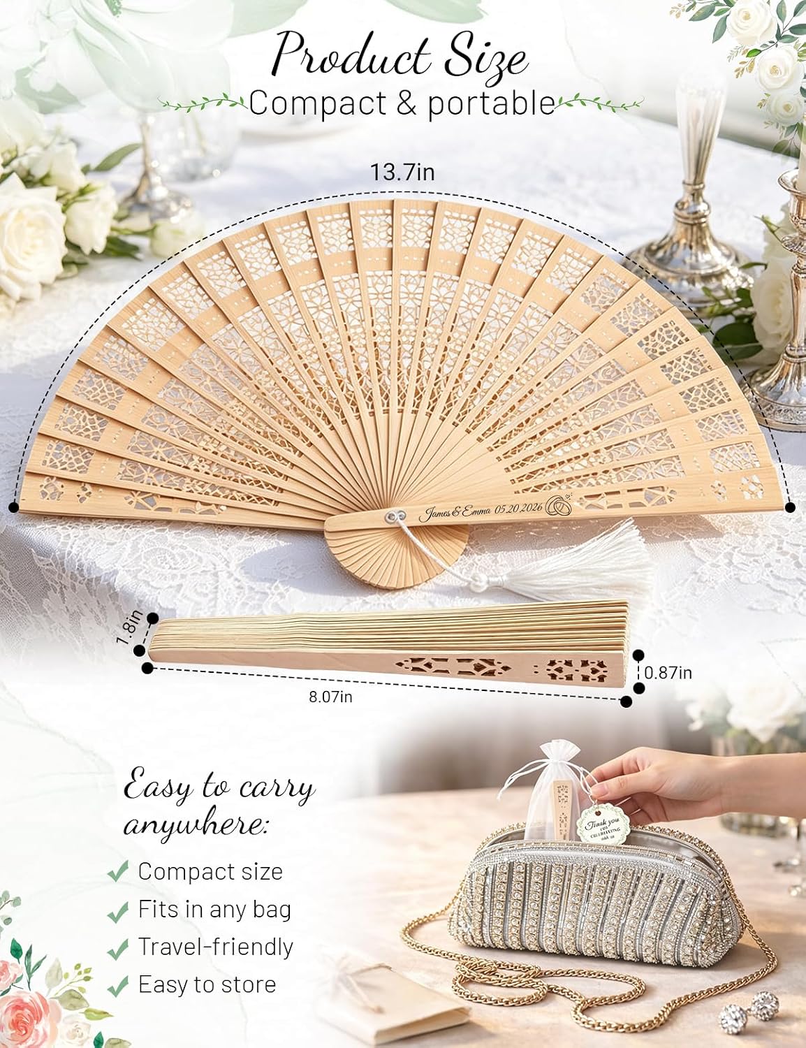 Personalized Fans for Wedding - Handheld Foldable Wooden Fans with Tassels and Organza Bags Custom Wedding Favors for Guests, Eco-Friendly Bulk Bridal Party Gifts (50)