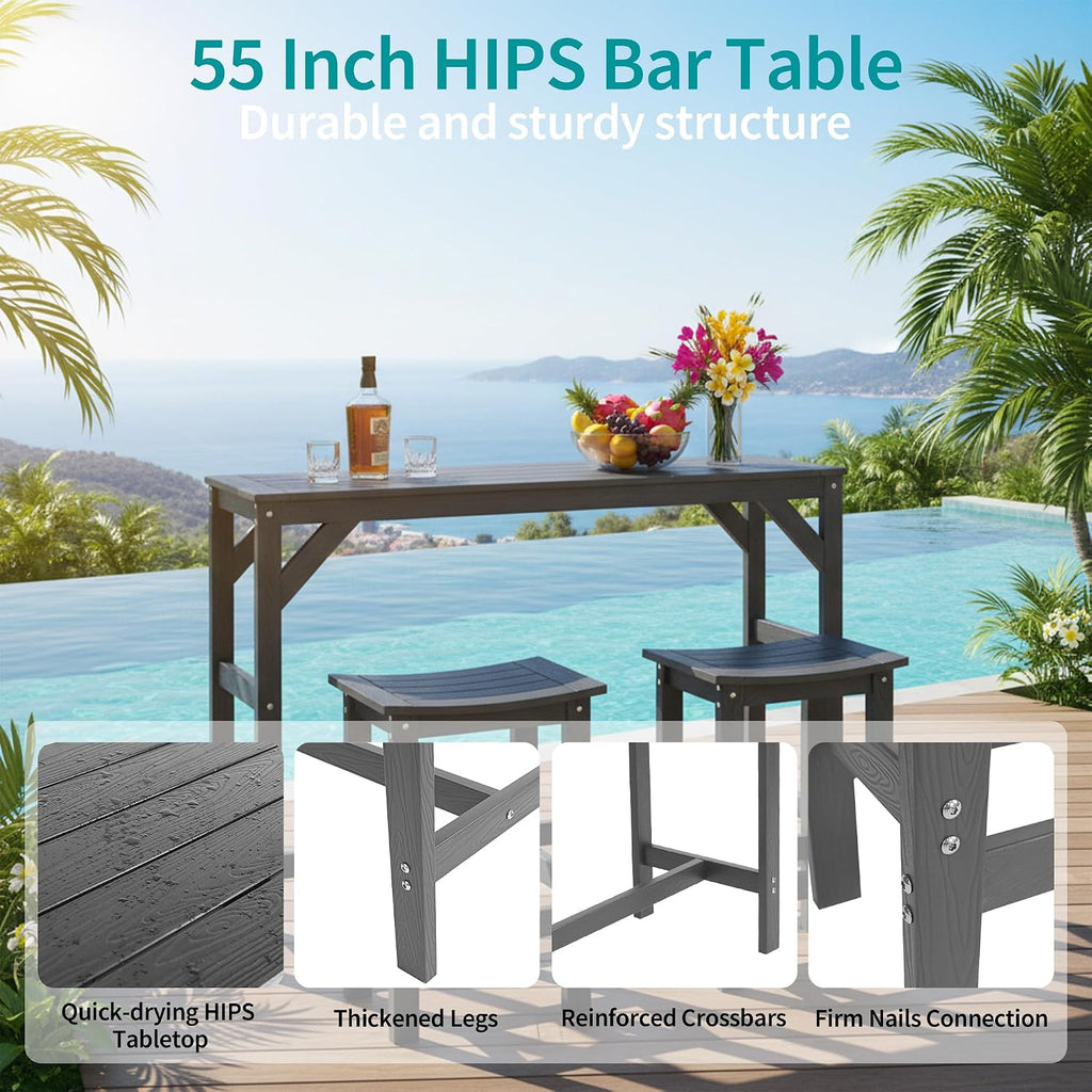 HIPS Outdoor Patio Bar Table, All Weather HIPS Table for Outside, 55" Rectangular High Top Table for Poolside, Patio, Balcony, Deck (Black, Bar Table)