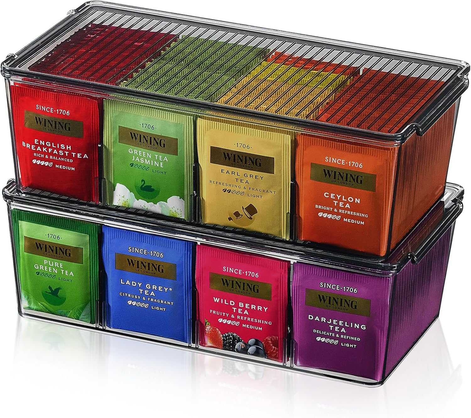 Lifewit Tea Bag Organizer with lids, Plastic Teabag Box with 16 Compartments, Stackable Divided Storage Containers for Cabinet, Pantry, Countertop, Sugar Packets, Black, 29 cm/11.5 inch L, 2 Pack