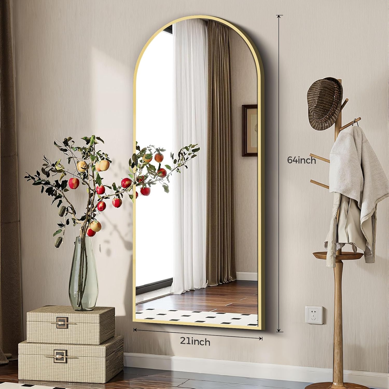 65"×21" Floor Length Mirror, Full Body Standing Mirror, Shatter-Resistant Glass & Slim Alloy Frame, Freestanding/Leaning/Wall Mount for Bedroom, Living Room & Entryway, Gold