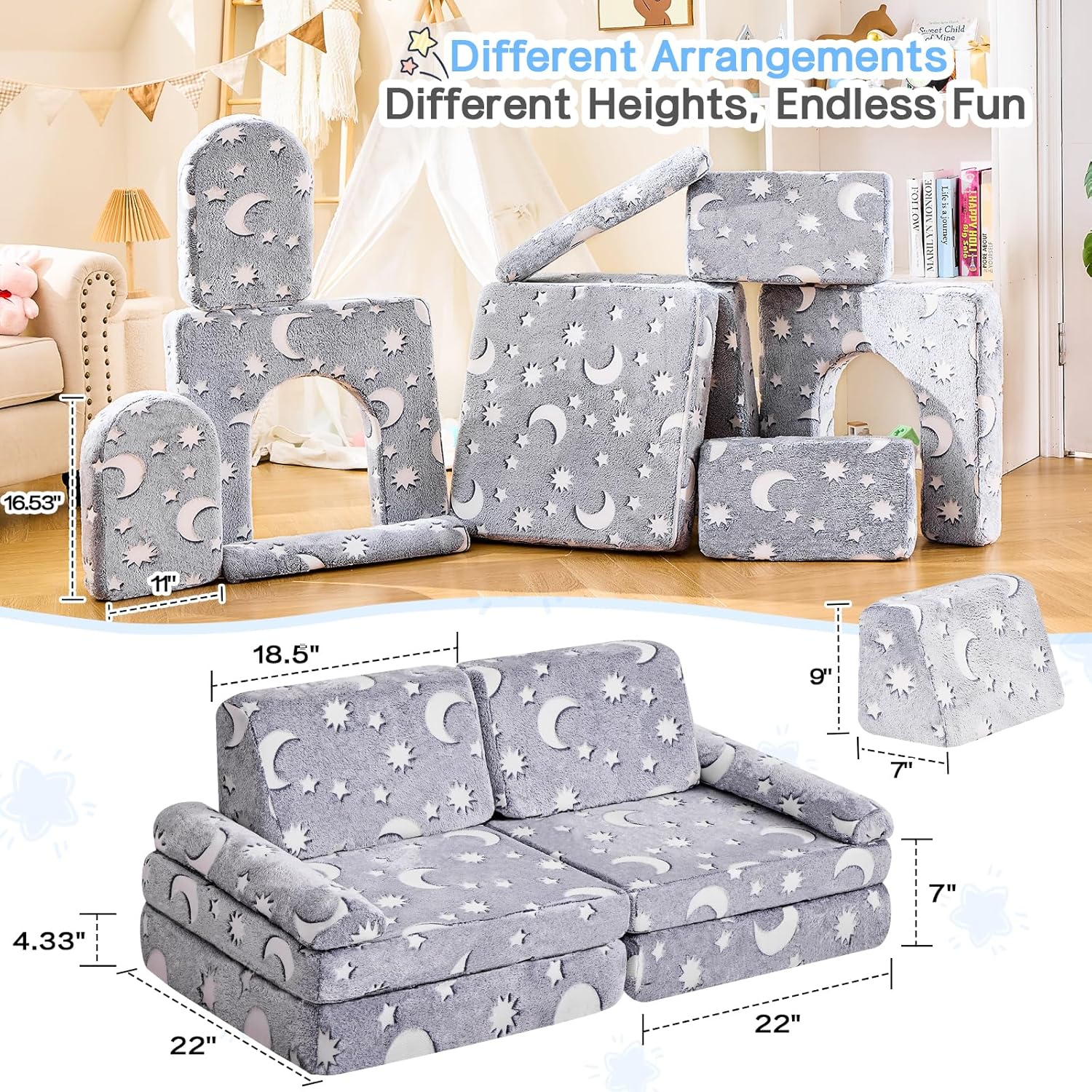 IFNOW Star Modular Kids Play Couch for Toddlers 1-3, Convertible & Washable Toddler Foam Couch for Playroom & Living Room, Glow-in-the-Dark, Apartment Friendly CPC Certified Building Fort Play Couch