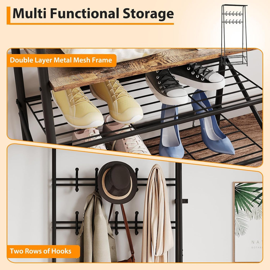 Jojoka Coat Rack Hall Tree with Shoe Storage Bench, 4-in-1 Entryway Organizer with 10 Hooks & 3-Tier Shoe Rack, Sturdy Metal Frame Freestanding Storage Unit for Hallway (Brown-Double Row, 25.2in)