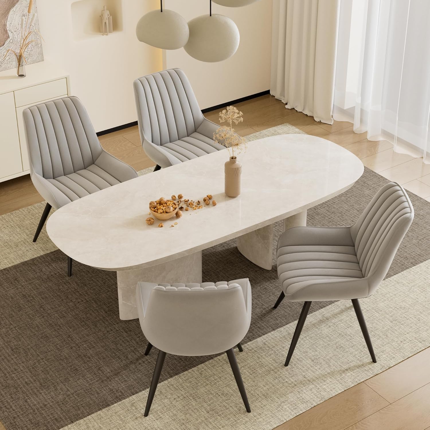 Mid Century Modern Dining Chairs Set of 4, Soft Cushion Upholstered Fabric, Light Grey