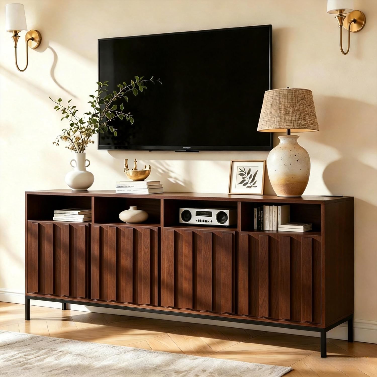 COCO DESIGN 70" Large Buffet Sideboard Cabinet with Power Outlets & Adjustable Shelves, Modern Farmhouse Accent Storage Credenza Console for Kitchen, Living Room, Walnut
