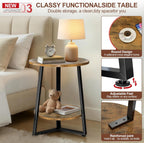 Round Side Table, 2-Tier Small End Table with Storage Shelf, Ultra Stable Coffee End Table/Nightstand, Modern Farmhouse Couch Table for Living Room, Bedroom, Bedside Stand or Small Spaces, Brown