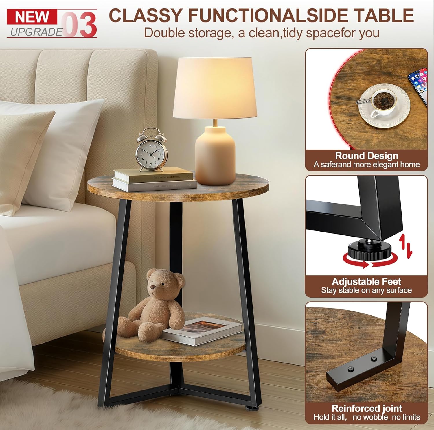 Round Side Table, 2-Tier Small End Table with Storage Shelf, Ultra Stable Coffee End Table/Nightstand, Modern Farmhouse Couch Table for Living Room, Bedroom, Bedside Stand or Small Spaces, Brown