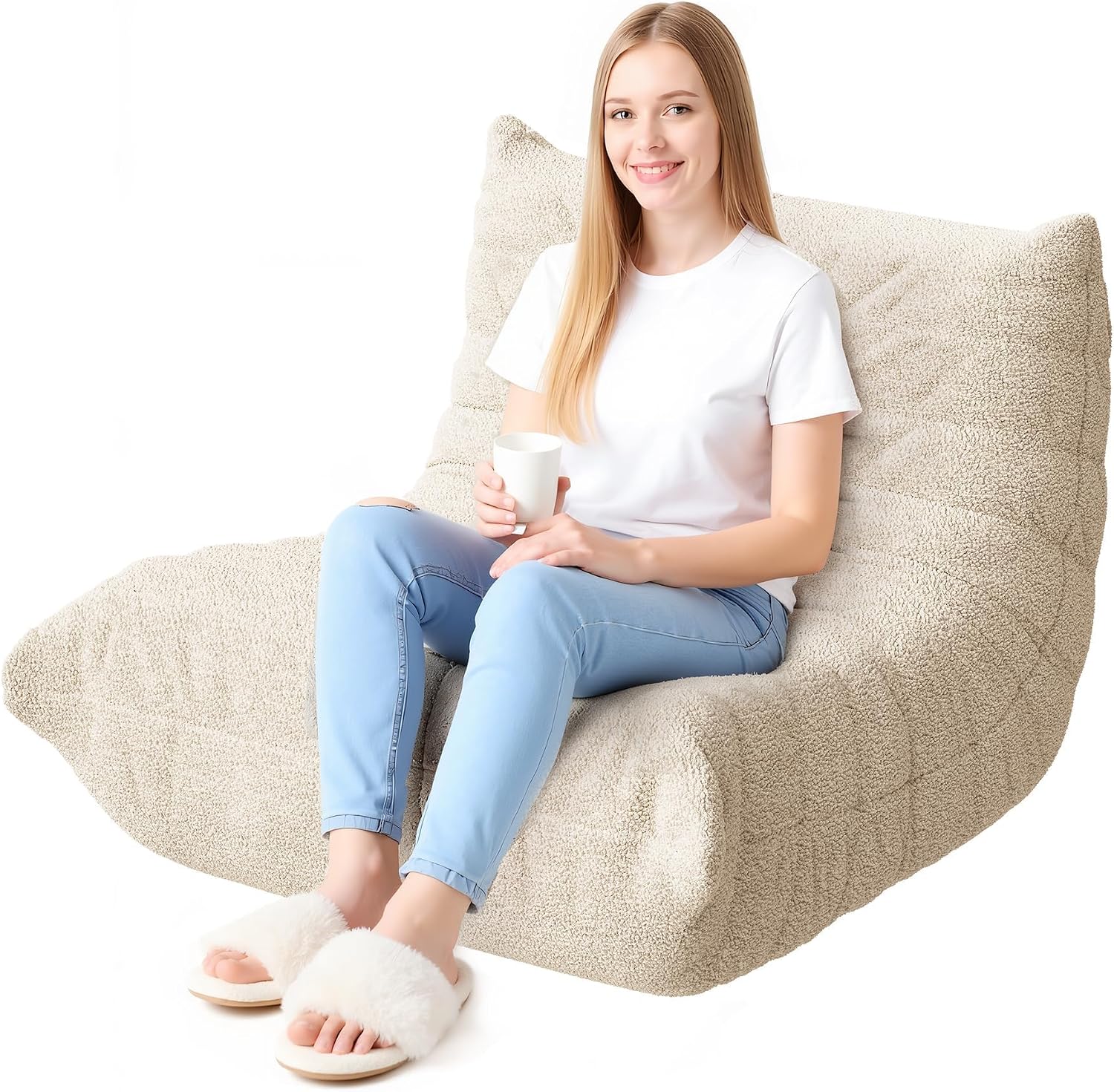 WLIVE Bean Bag Chair for Adults, Teddy Fleece Togo Chair, Giant, Memory Foam, for Living Room and Bedroom, Single, Beige