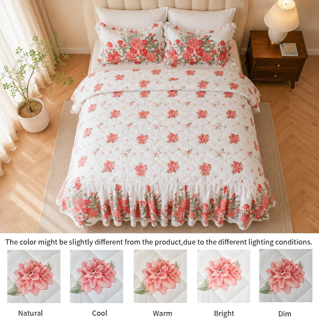 Ruffled Comforter Set King with Attached Bed Skirt, 3 Piece Skirted Comforter Bedding Set, Shabby Chic Floral French Country Comforter with Bedskirt Ruffled Dust Ruffle Design for Farmhouse Bedroom
