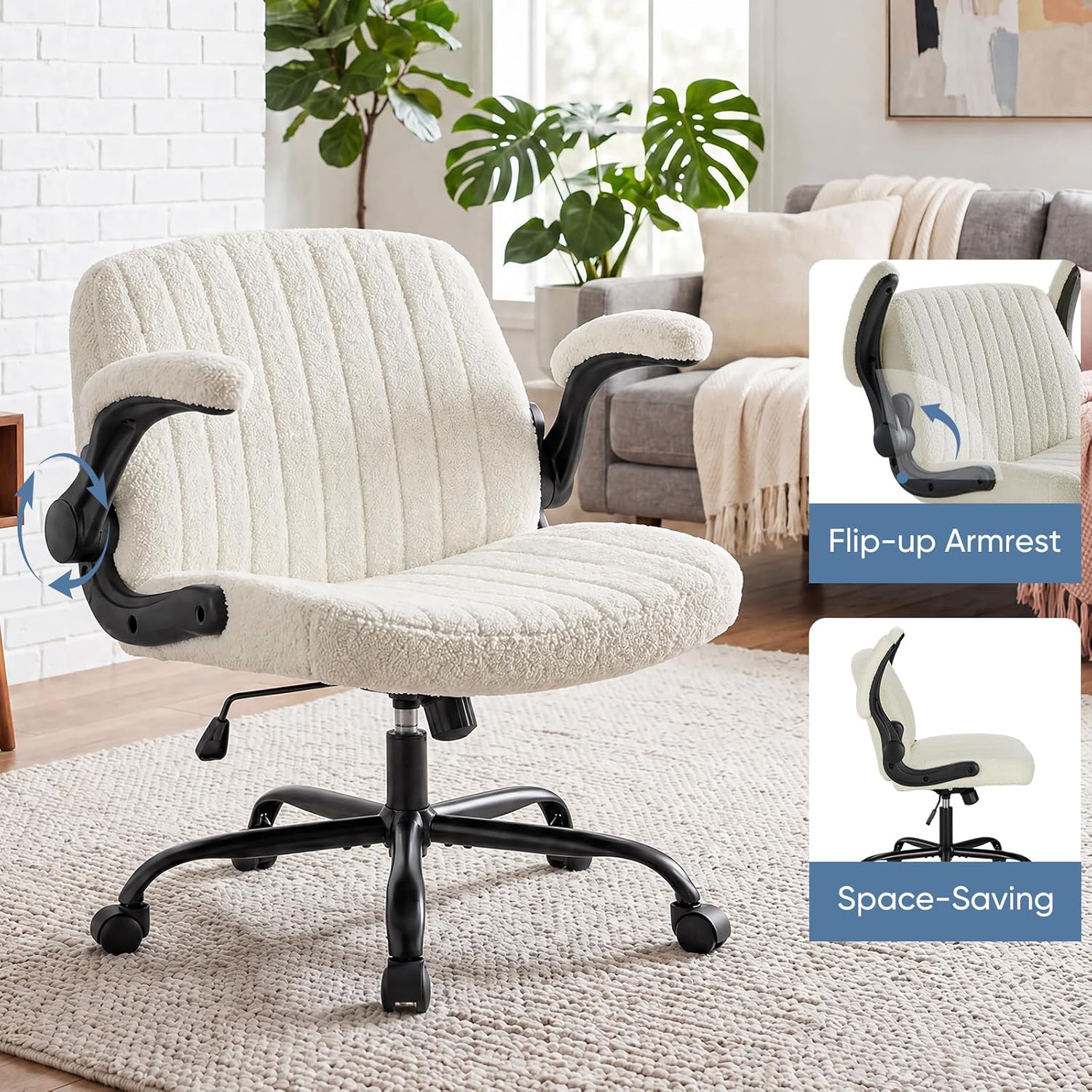DUMOS Criss Cross Home Office Chair with Wheels, Wide Cross Legged Desk Vanity Chair Comfy Fabric Flip-Up Armrests Adjustable Swivel Chairs for Home Computer Bedroom, Creamy White