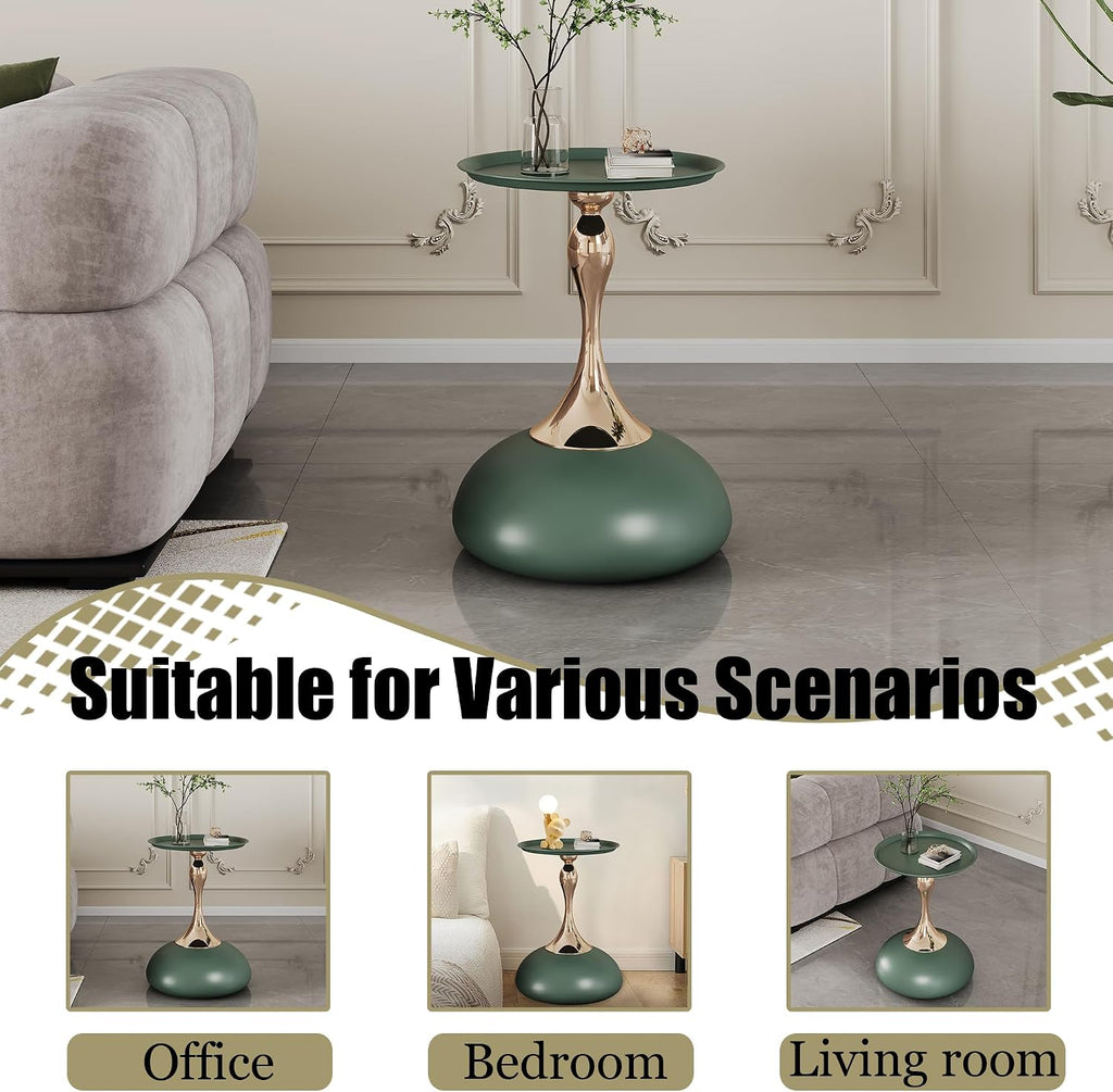 Green Round Side Table for Small Spaces, Small End Table with Metal Pedestal, Minimalist Corner Accent Table for Sofa, Bedroom, Living Room, Easy Assembly