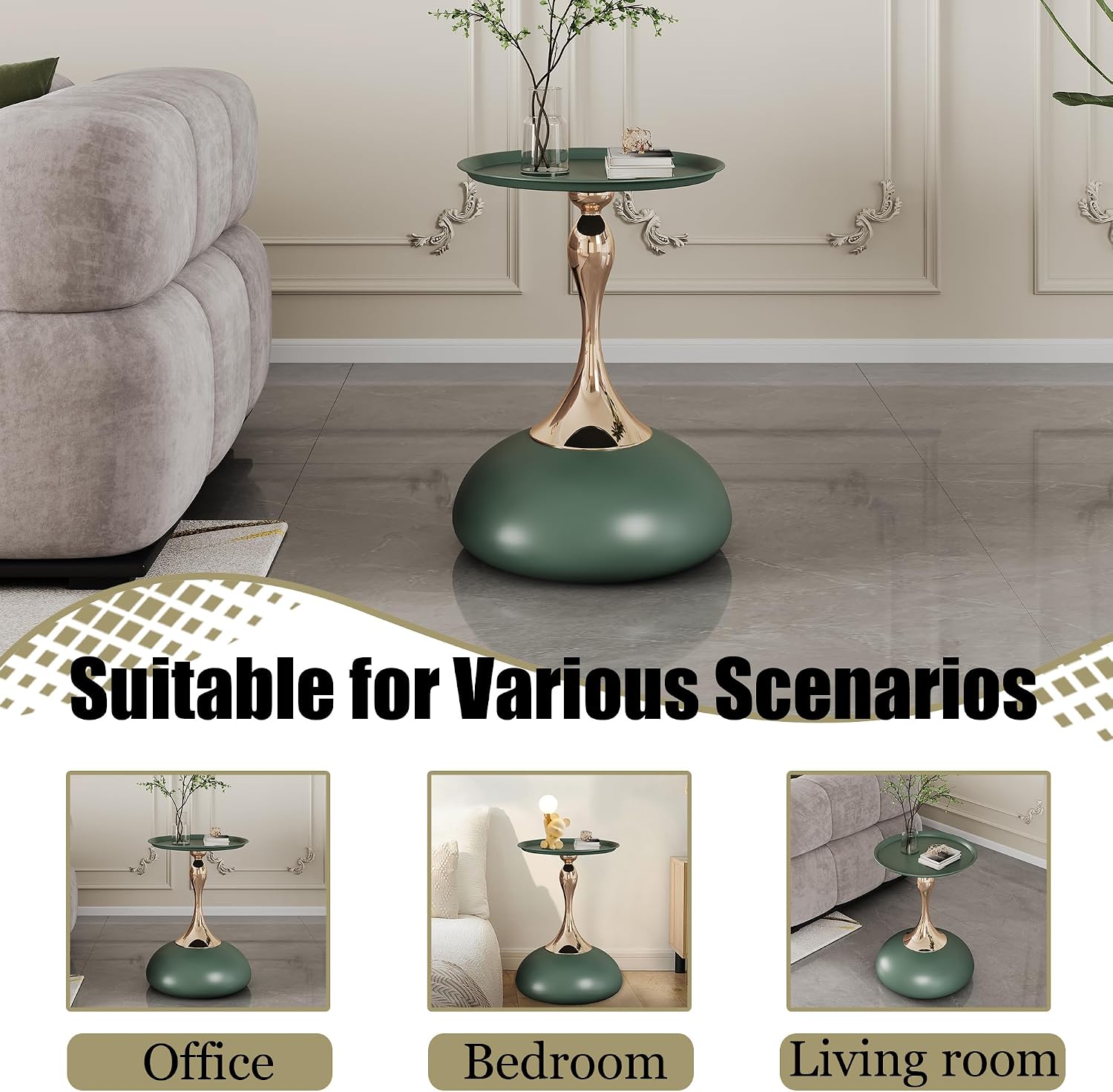 Green Round Side Table for Small Spaces, Small End Table with Metal Pedestal, Minimalist Corner Accent Table for Sofa, Bedroom, Living Room, Easy Assembly
