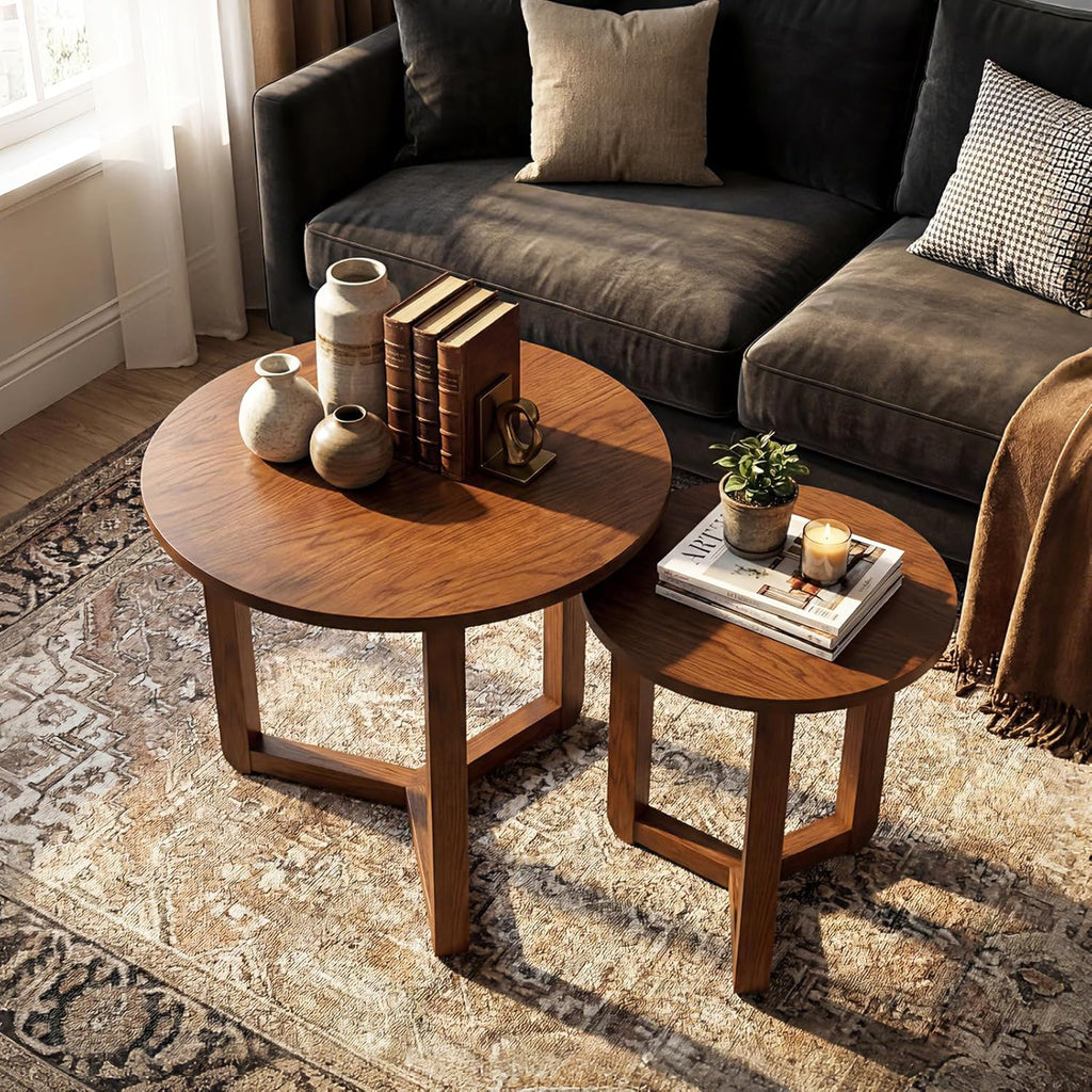 Giantex Round Nesting Coffee Table Set of 2, Wood Nesting End Tables with Thickened Top & Solid Rubber Wood Legs, Farmhouse Sofa Side Table for Small Spaces Living Room Bedroom (Walnut)
