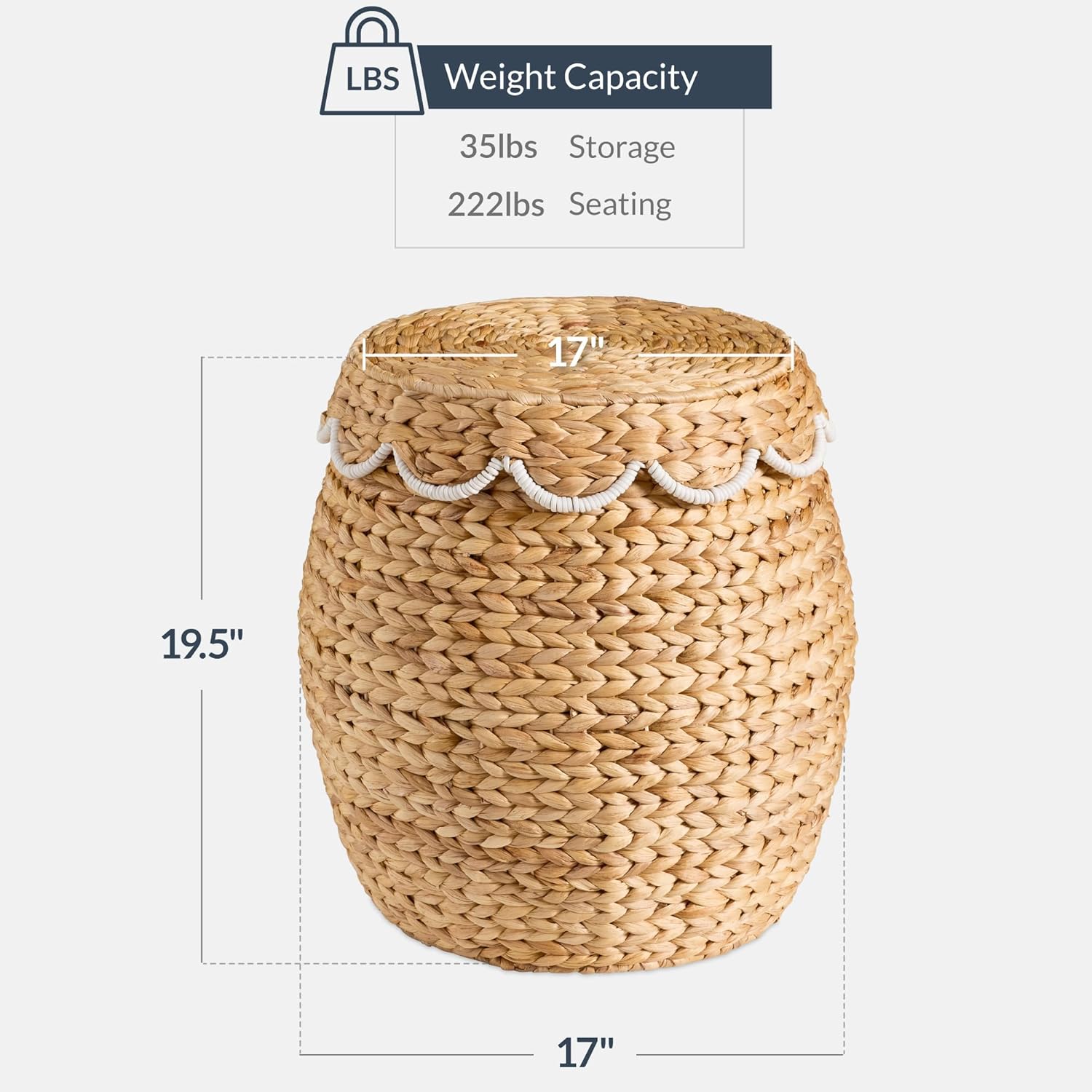 Best Choice Products Scalloped Multipurpose Hyacinth Storage Basket, Plant Décor, Handwoven Organizer Tote for Bedroom, Living Room, Nursey, w/Lid - Natural with White Trim