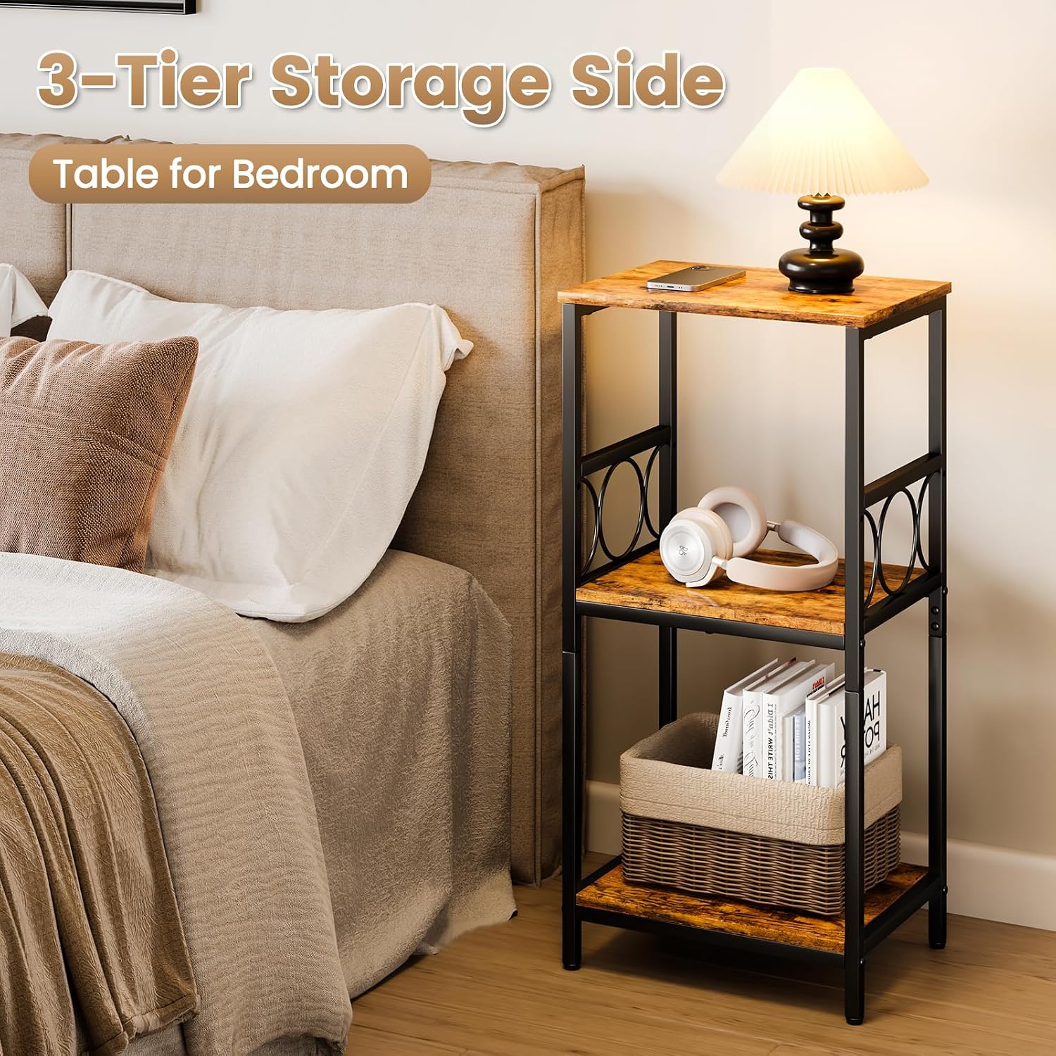 Side Table 3-Tier End Table with Adjustable Shelf Modern Tall Nightstand Small Narrow Accent Table Stand for Living Room Bedroom, Office, Rustic Brown and Black.