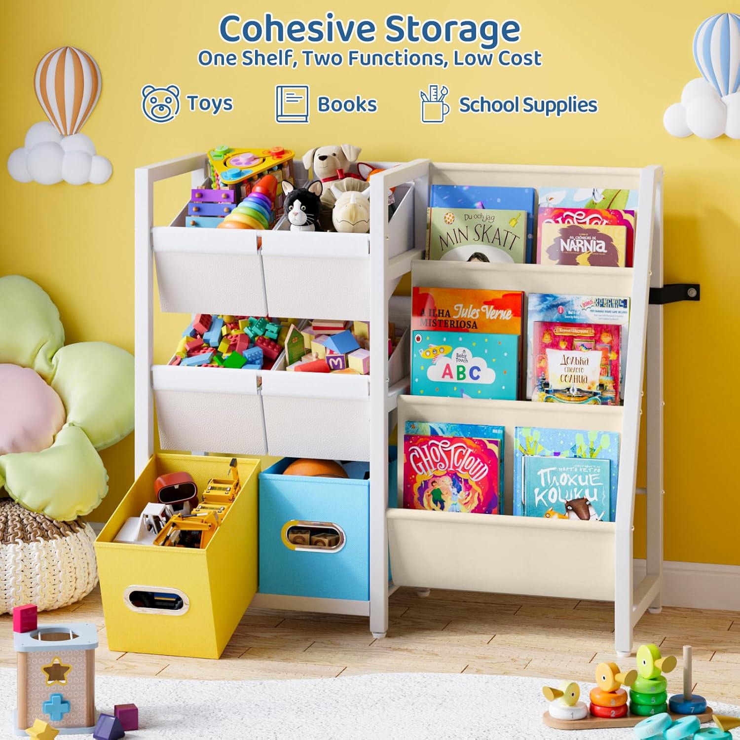 LATIBELL Kids Bookshelf Toy Storage Organizer - Book Shelf for Kid Rooms, 6 Toy Bins for Kid Organizer and 3 Sling Kids Bookcase, Toddler Baby Montessori Nursery Bookshelf Childrens Book Rack Display
