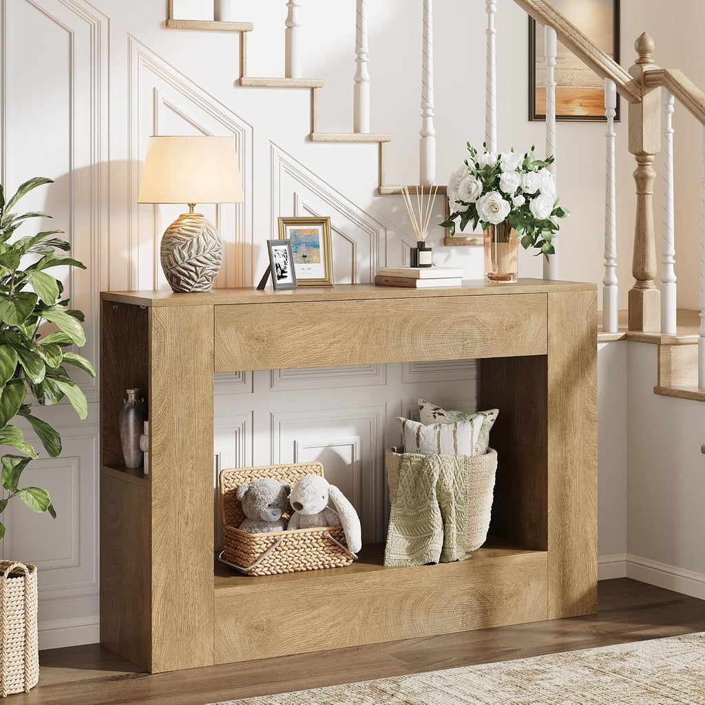 Farmhouse Console Table with Drawer, 47'' Wood Entryway Table with Storage Shelves, Narrow Sofa Table Behind Couch for Living Room, Hallway, Foyer (Natural)