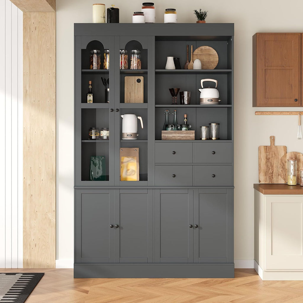 75" Tall Kitchen Pantry Cabinet, Blue Kitchen Storage Cabinets with Doors & Adjustable Shelves, Freestanding Pantry Cabinet with Drawers, Pantry Cupboard for Dining Room Living Room (Gray, 75inch)