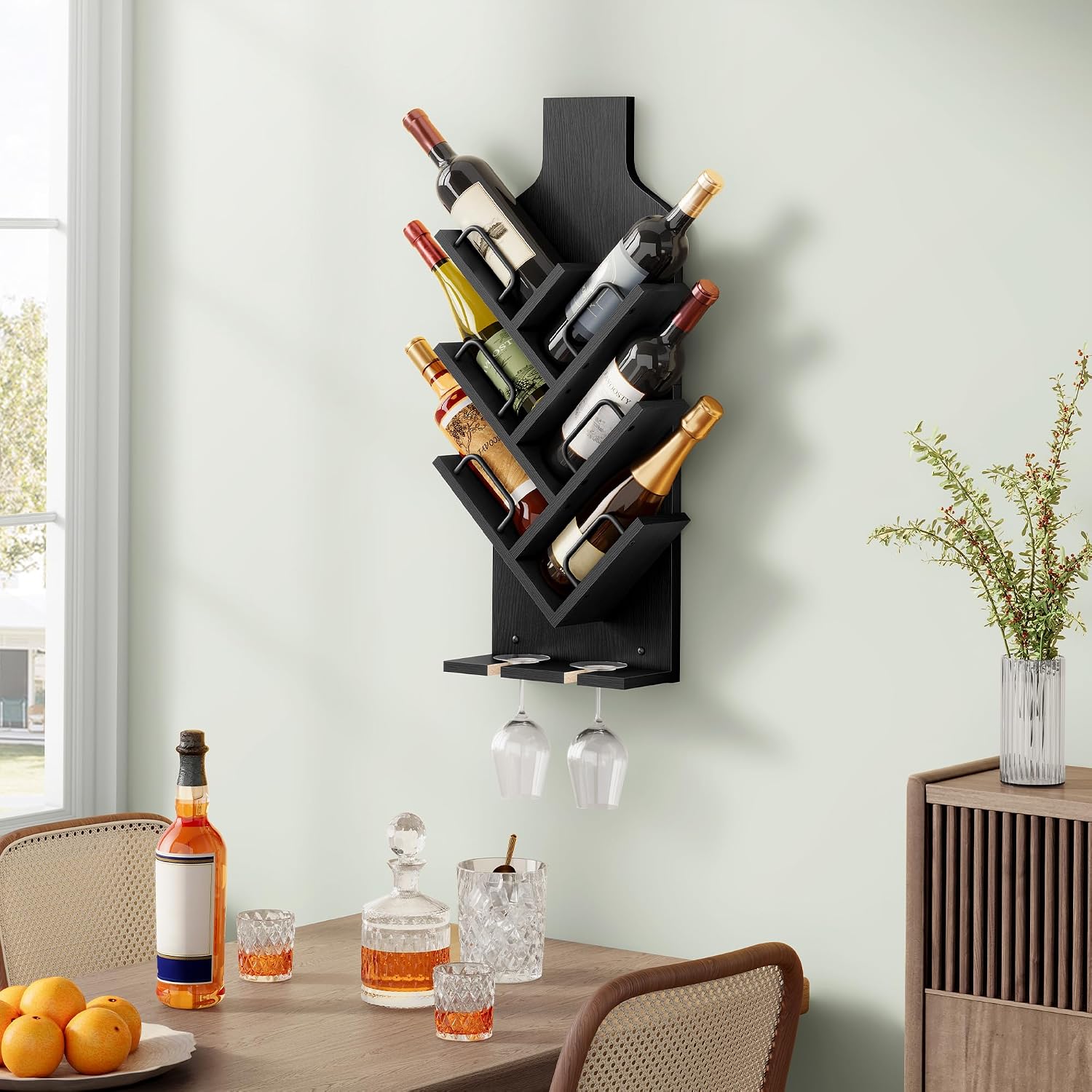 FAVOOSTY Wine Rack Wall Mounted for 6 Wine Bottles, Wall Racks for Wine Bottles Display and Storage with Glass Holder, Wood Wine Rack for Living Room, Dining Room, Wine Cellar, Bar (Black)