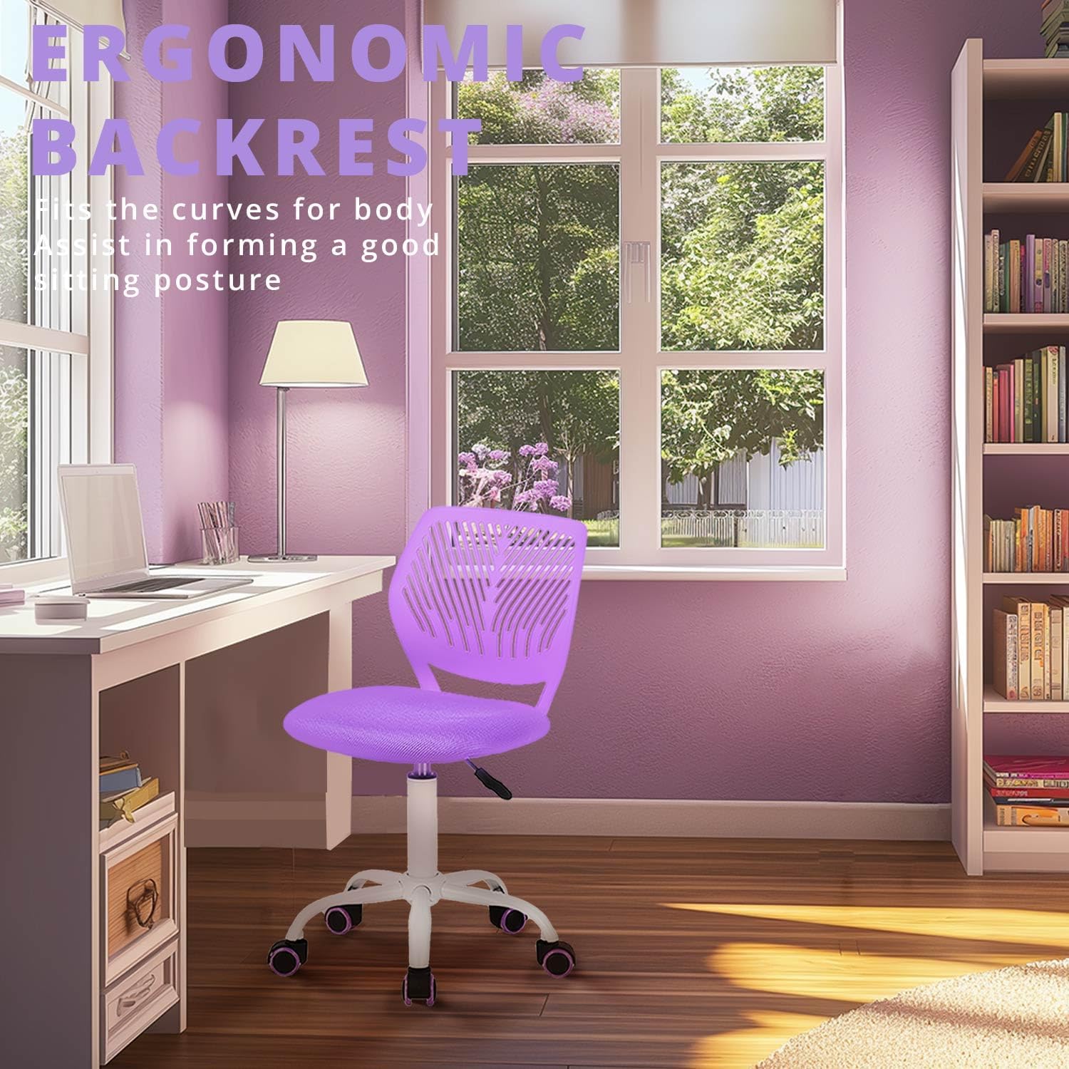 FurnitureR Teens Girls Task Chair 360 Swivel, Low Mid PP Mesh Back Fabric Seat, Height Adjustable, Rolling Castor, W15.7inces x D15.2inces x H29.5-34.2inches (Purple)