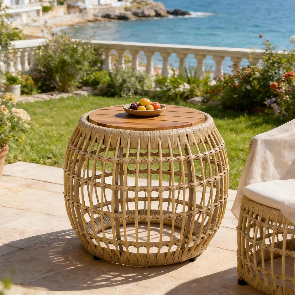 ø21.26'' Boho Side Table Wicker End Table for Living Room Outdoor & Indoor, Wood Tabletop & Wicker Baese, Modern Retro Farmhouse Style, No Assembly, Light Brown