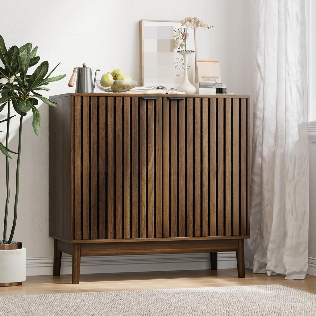 Sideboard Buffet Cabinet with Storage, Freestanding Kitchen Storage Cabinet with 2 Slatted Doors and Adjustable Shelves, Wooden Cupboard for Kitchen, Entryway (Slatted Door Walnut)