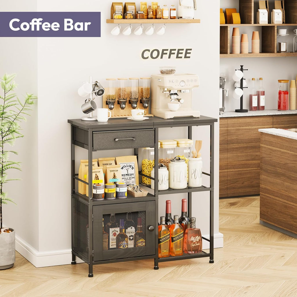 SWTYMIKI Coffee Bar Cabinet for Home - Farmhouse Coffee Stand Station Multi-Purpose Storage Cabinet with Adjustable Feet, Drawers - Kitchen Bar Table for Living Room, Corner, Small Space, Black