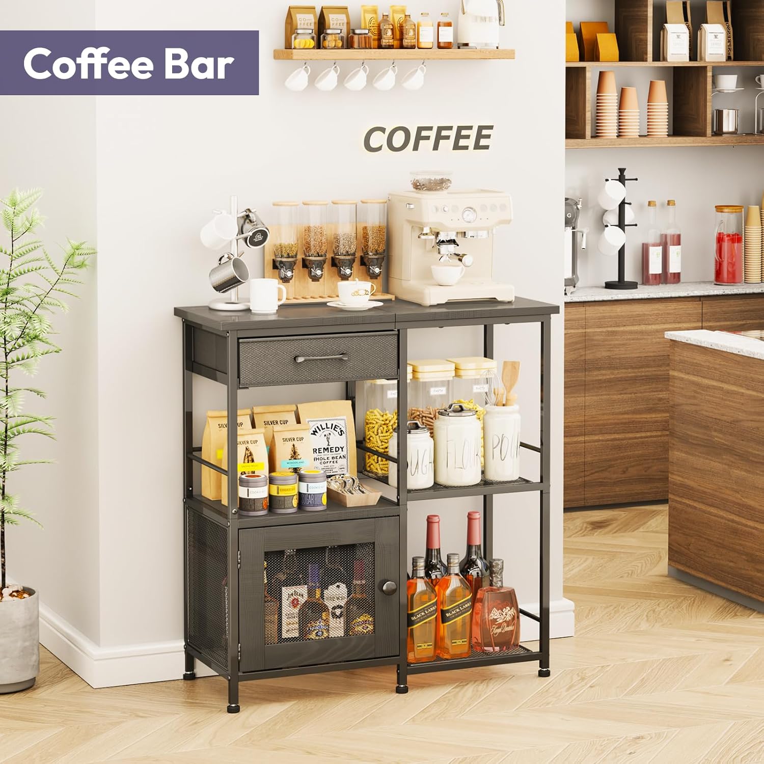 SWTYMIKI Coffee Bar Cabinet for Home - Farmhouse Coffee Stand Station Multi-Purpose Storage Cabinet with Adjustable Feet, Drawers - Kitchen Bar Table for Living Room, Corner, Small Space, Black