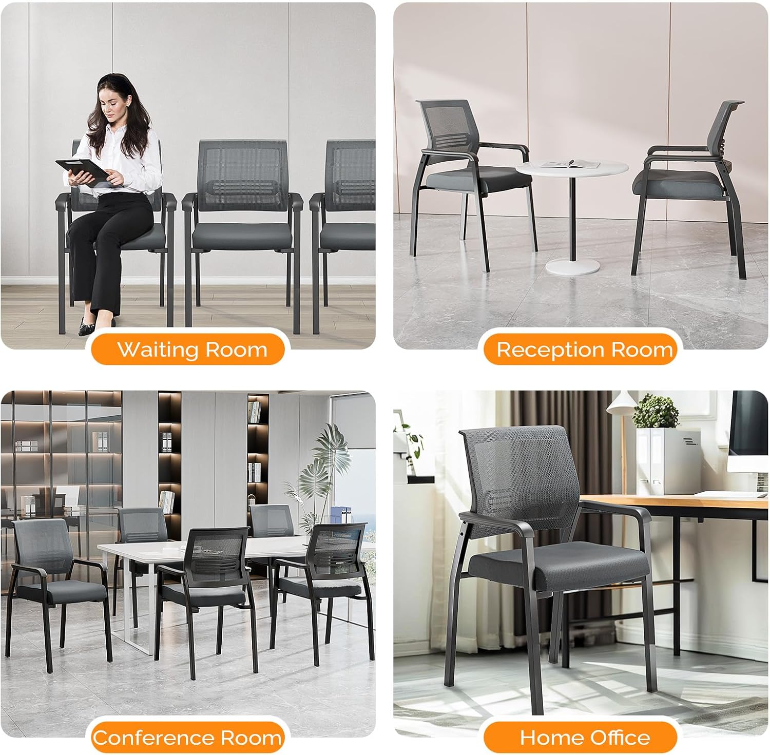 VINGLI Oversize 350 lbs Waiting Room Chairs, 4P Stackable Office Chairs, Grey, Contemporary Style, Mesh Back & Seat, Steel Frame, 355 lbs Capacity