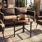 GOFLAME Triangular End Table, Modern Sofa Couch Side Table with Wood Faux Marble Top & Metal Legs, Small Coffee Tables for Small Spaces, Living Room, Nightstand for Bedroom (Rustic Brown & Black,1)
