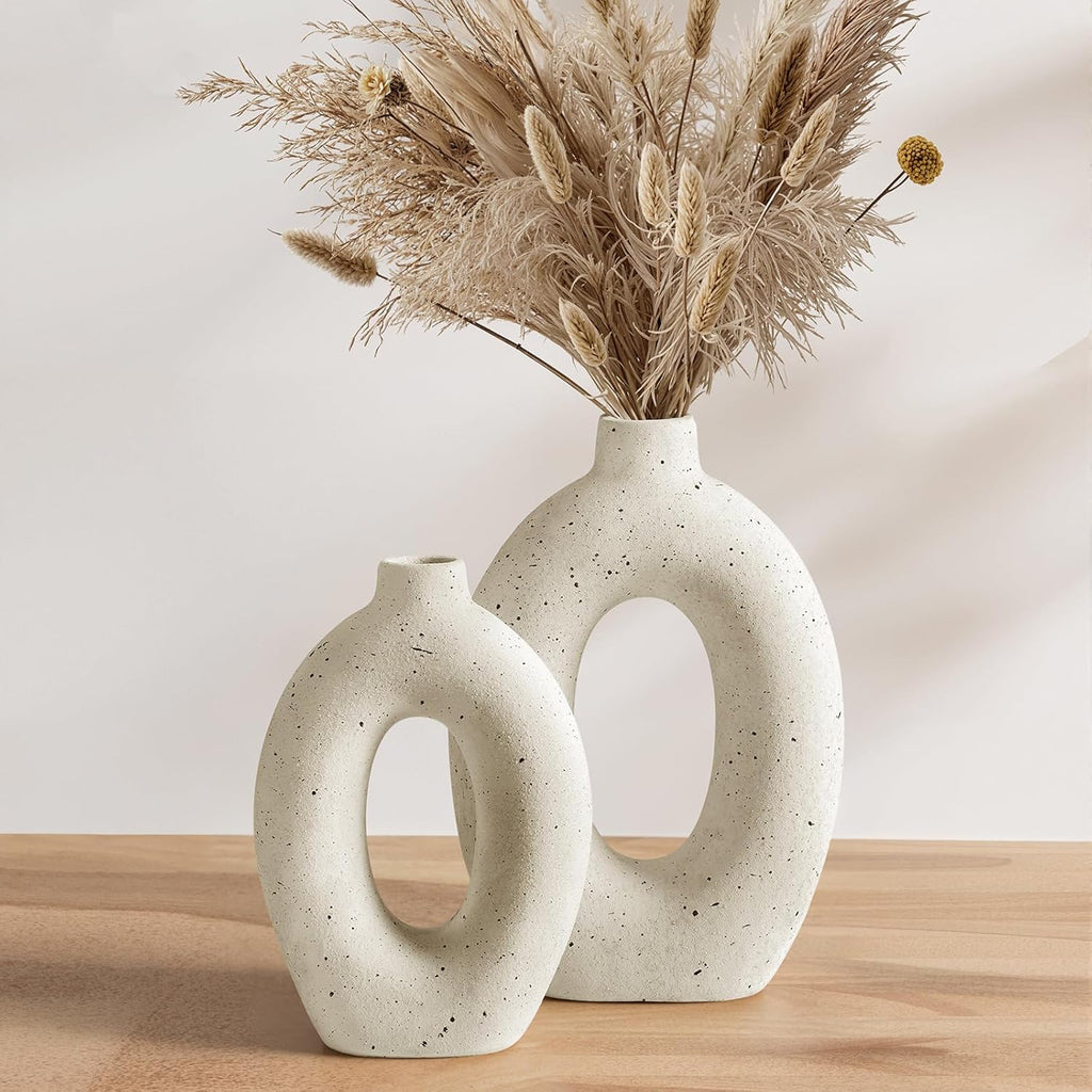 LE TAUCI Ceramic Vases Set of 2, Cream Hollow Donut Flower Vases, Nordic Boho Decor Decorative Centerpiece for Living Room, Table, Shelf, Mantel, Warm Ivory Speckled (H10.5”xW8.5”)