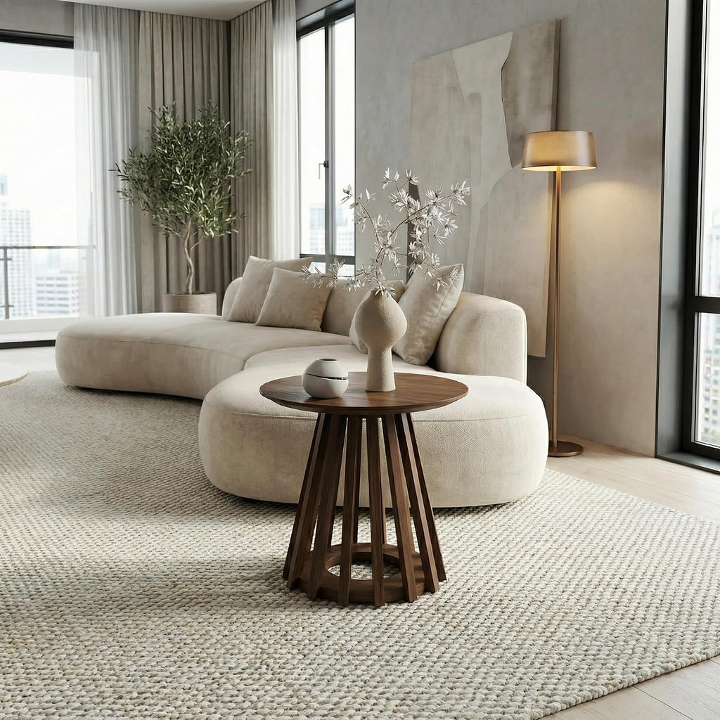 DUOMAY Modern Solid Wood Round Side Table with Geometric Base, Wood Accent End Table Center Table for Living Room, Bedroom, Lounge, Office, Walnut