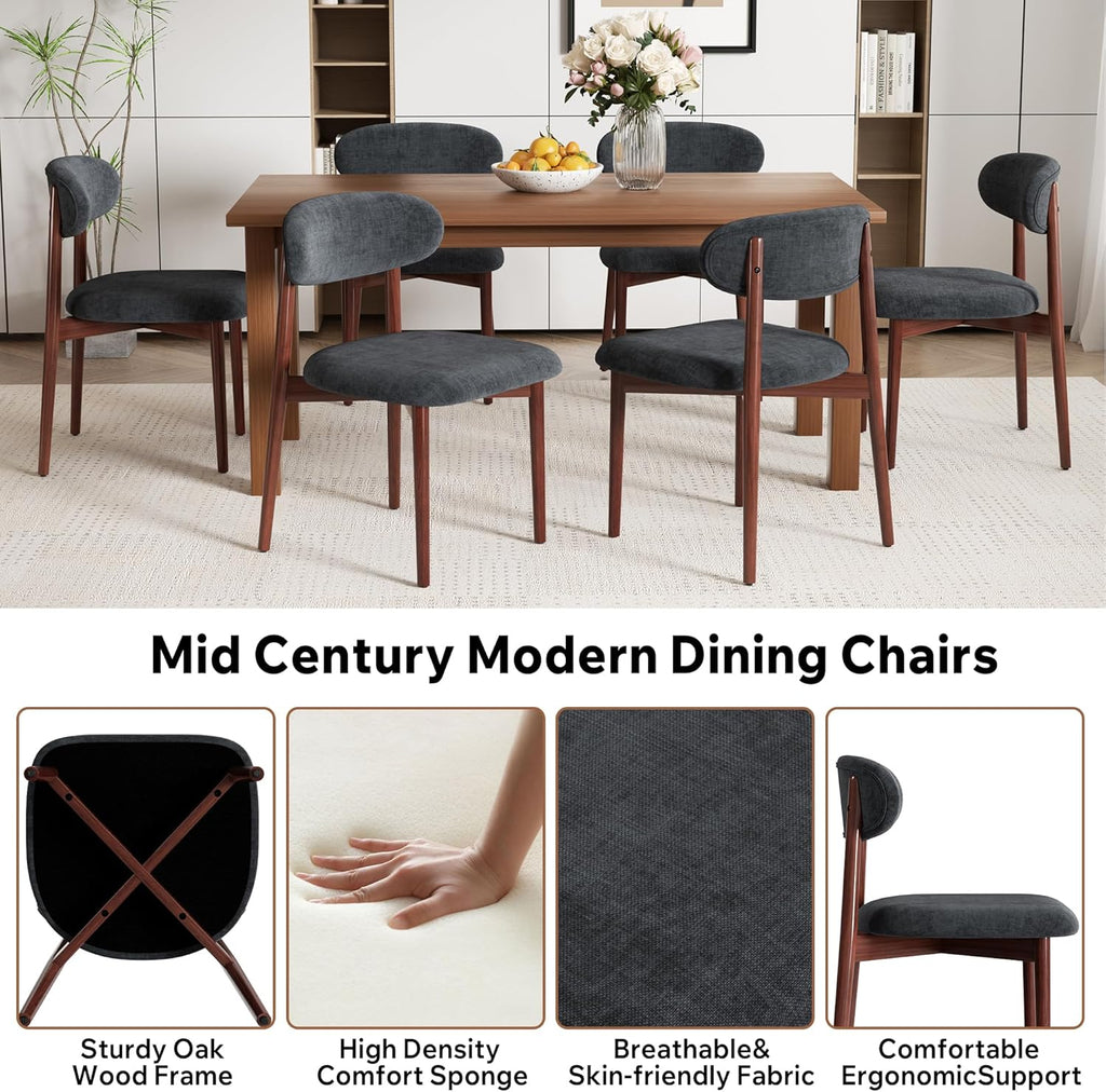 Wooden Dining Chair Set of 4, Modern Dining Chairs with with Curved Back, Fabric Upholstered Kitchen Room Chairs with Adjustable Legs for Farmhouse Dining Living Room,Dark Grey